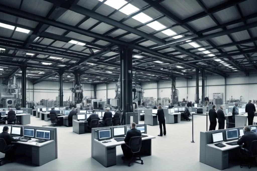 productiehal met machines, mensen die samen werken